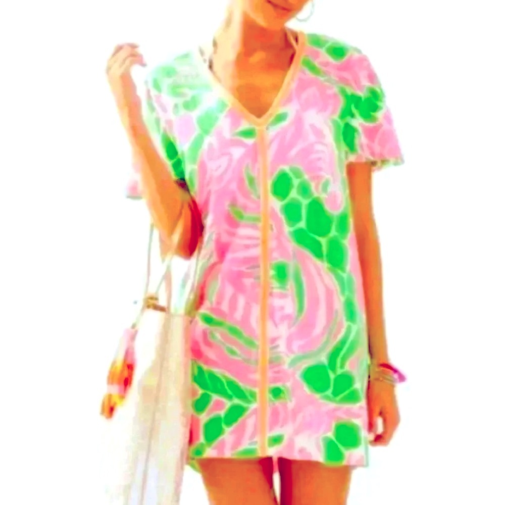 Lilly Pulitzer Bonita Cover Up Dress Tunic V Neck Mini Cotton Pink Green XS - Picture 10 of 10
